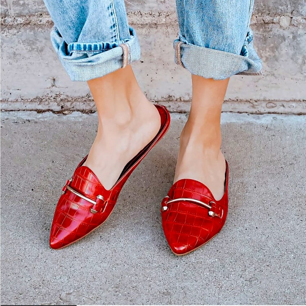 Lulu’s Chelsea Red Crocodile Pointed Toe Loafer Slides